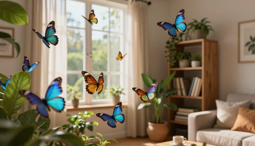 A vibrant and detailed depiction of tropical butterflies fluttering within a cozy living room setting. In the foreground, a variety of colorful tropical butterflies, such as the blue morpho and swallowtail, gracefully dance around a lush indoor plant. The middle ground features a sunlit window, allowing warm, soft light to filter through sheer curtains, casting gentle shadows that enhance the serene atmosphere. The background includes a small bookshelf filled with houseplants and books, creating a harmonious home environment. Emphasize the bright, vivid colors of the butterflies against the earthy tones of the room, capturing a sense of natural beauty and tranquility. The overall mood should evoke curiosity and a connection to nature, inviting the viewer into this peaceful domestic scene.