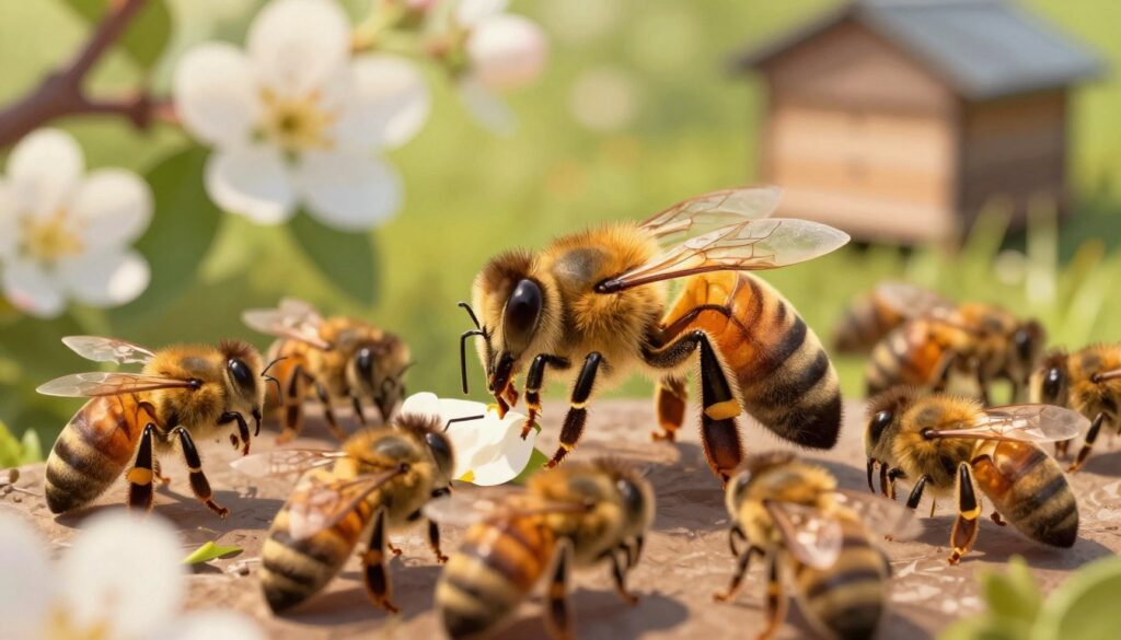 A vibrant and detailed illustration of a honeybee colony, focusing on a male drone bee among worker bees and a queen bee in the foreground. The drone is larger than the workers, with distinctive features highlighting its role. Surrounding them, blurred blossoms and green foliage create a natural habitat in the middle ground, while a beehive can be subtly observed in the background. Soft, warm sunlight filters through the leaves, casting gentle shadows and enhancing the golden hues of the bees. The atmosphere is lively yet harmonious, capturing the intricate social structure of the bee colony. The image should not contain any text or overlays, focusing entirely on the beauty and complexity of the bee community.