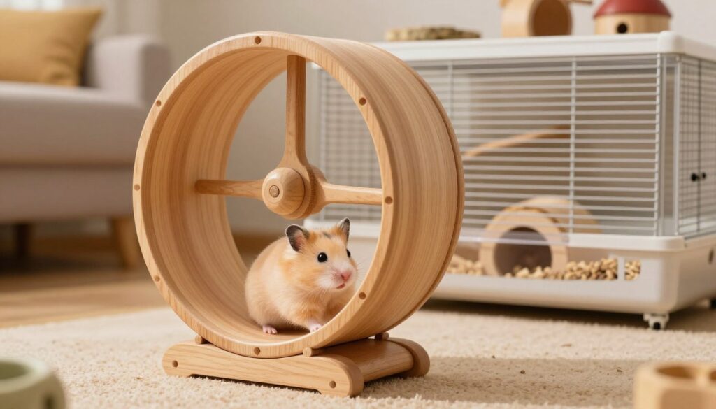 A vibrant and detailed scene showcasing a hamster wheel (kołowrotek) designed for a pet hamster's cage. In the foreground, the intricately crafted wooden wheel with a smooth finish glistens under warm, soft lighting, highlighting its natural grains. The wheel is set at an angle to showcase its diameter clearly, emphasizing safety features like rounded edges to protect the hamster's spine. In the middle ground, a cozy, well-ventilated hamster cage is visible, filled with tunnels and bedding, enhancing the lively atmosphere. The background features a blurred view of a comfortable home setting, suggesting a nurturing environment for the pet. The overall mood is playful and inviting, perfect for pet owners looking to create a safe and engaging habitat for their hamsters.