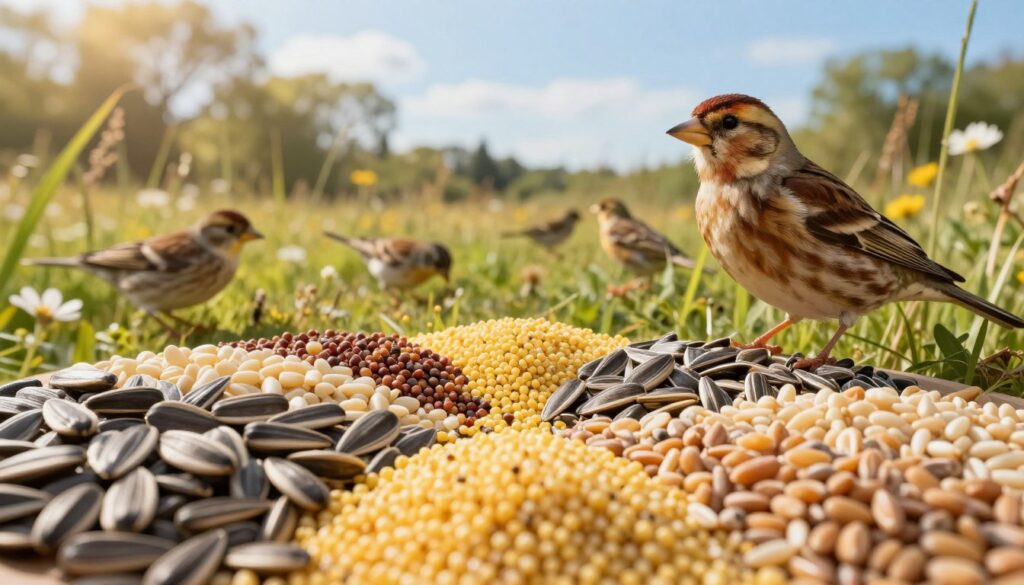 A vibrant and detailed scene showcasing a variety of plant seeds that serve as food for the grain-eating bird, the bunting. In the foreground, an array of seeds, such as millet, sunflower seeds, and various grains, is arranged artistically, highlighting their textures and colors. The middle ground features a lush natural environment with green grasses and wildflowers, amidst which small birds can be seen foraging, showcasing their natural behavior. In the background, a soft-focus of trees and a blue sky creates a serene atmosphere. Utilize warm, golden lighting to evoke a welcoming and lively mood, with a slightly shallow depth of field to emphasize the seeds and birds in the foreground. Capture this scene from a low angle to enhance the sense of intimacy and connection with nature.