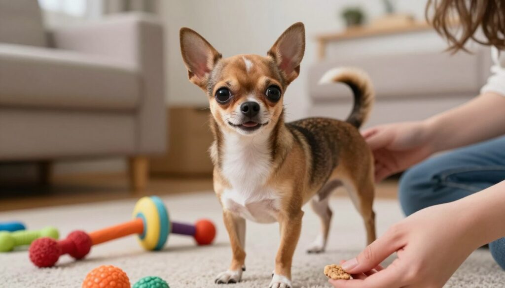 A vibrant and engaging scene featuring a charming chihuahua with large, expressive eyes, showcasing its lively and curious personality. The dog should be depicted in a playful stance, with its ears perked up and tail wagging, surrounded by colorful toys symbolizing training and engagement. In the background, a cozy living room setting with warm lighting creates an inviting atmosphere, emphasizing the bond between the chihuahua and its owner, who is gently interacting with the dog. The owner's hands are seen in the foreground, reaching out to guide the chihuahua with a treat, promoting positive reinforcement. Use soft, natural light to highlight the chihuahua's shiny coat and the joyful expression on its face, capturing the essence of companionship and responsible pet ownership.