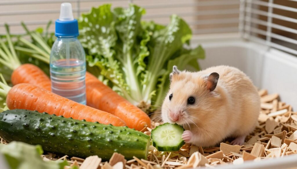 A vibrant and serene scene showcasing a small hamster in a clean, cozy cage setting, filled with fresh vegetables and a small water bottle. In the foreground, the adorable hamster, with a soft beige fur coat, is nibbling on a piece of bright green cucumber. The middle ground features an assortment of fresh vegetables, including orange carrots and leafy greens, meticulously arranged beside the water bottle. In the background, the cage is decorated with natural wood chips and a few soft bedding materials, creating a warm atmosphere. Soft, natural lighting filters in, casting gentle shadows that enhance the textures of the vegetables and the hamster’s fur. The overall mood is inviting and peaceful, reflecting a nurturing environment ideal for small pets.