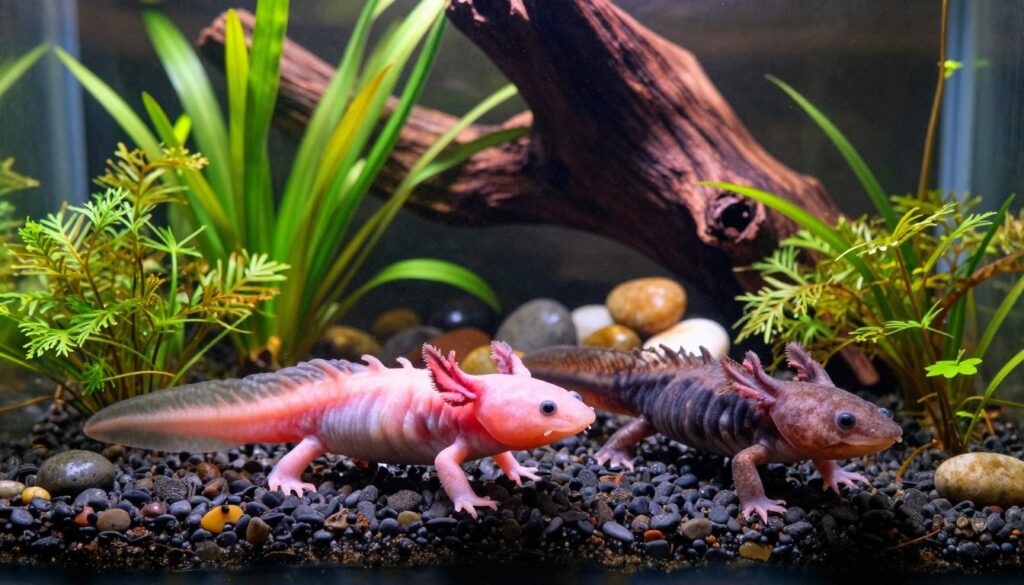 A vibrant aquarium habitat specifically designed for axolotls, featuring rich, dark gravel substrate and gentle aquatic plants such as java moss and anubias. The foreground displays a couple of axolotls in vivid pink and dark brown colors, moving gracefully among the plants. In the middle ground, a soft filter flow gently disturbs the water surface, creating a serene atmosphere. In the background, an array of colorful pebbles and driftwood adds natural charm. The lighting is soft and diffused, mimicking an underwater sunlit environment, with warm hues emphasizing the axolotls' textures. The overall mood is tranquil and inviting, showcasing the ideal conditions for these unique creatures to thrive.