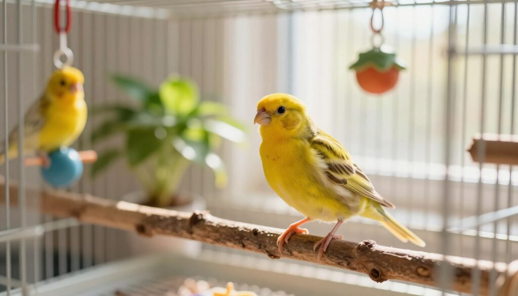 A vibrant canary in a spacious, well-decorated birdcage set against a sunlit room. In the foreground, the canary is perched on a natural wooden branch, its bright yellow feathers shimmering in the warm light. Several colorful toys hang nearby, enhancing the bird's playful mood. In the middle ground, a small but lush indoor plant adds freshness to the scene. In the background, soft, blurred details of a window with sheer curtains allow gentle sunlight to filter in, creating a warm and inviting atmosphere. Capture this scene with soft, natural lighting and a shallow depth of field for a cozy, tranquil aesthetic, focusing on the canary's expressive eyes and posture that convey vitality and well-being. A vibrant canary in a spacious, well-decorated birdcage set against a sunlit room. In the foreground, the canary is perched on a natural wooden branch, its bright yellow feathers shimmering in the warm light. Several colorful toys hang nearby, enhancing the bird's playful mood. In the middle ground, a small but lush indoor plant adds freshness to the scene. In the background, soft, blurred details of a window with sheer curtains allow gentle sunlight to filter in, creating a warm and inviting atmosphere. Capture this scene with soft, natural lighting and a shallow depth of field for a cozy, tranquil aesthetic, focusing on the canary's expressive eyes and posture that convey vitality and well-being.
