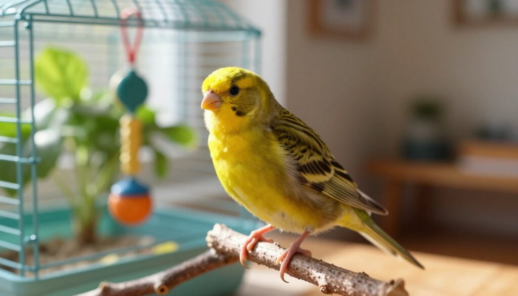 A vibrant canary perched on a branch in a cozy home environment. In the foreground, focus on the canary with rich yellow feathers that glisten in soft natural light, showcasing its lively expression and alert posture. In the middle ground, include a well-kept cage with fresh foliage and colorful toys, symbolizing a nurturing habitat. The background features a warm, softly blurred domestic setting with sunlight filtering through a nearby window, casting gentle shadows. The overall atmosphere is serene and inviting, emphasizing the importance of a loving home for the canary's longevity. Use a medium depth of field to highlight the canary while softly blurring the background to keep the focus clear. A vibrant canary perched on a branch in a cozy home environment. In the foreground, focus on the canary with rich yellow feathers that glisten in soft natural light, showcasing its lively expression and alert posture. In the middle ground, include a well-kept cage with fresh foliage and colorful toys, symbolizing a nurturing habitat. The background features a warm, softly blurred domestic setting with sunlight filtering through a nearby window, casting gentle shadows. The overall atmosphere is serene and inviting, emphasizing the importance of a loving home for the canary's longevity. Use a medium depth of field to highlight the canary while softly blurring the background to keep the focus clear.