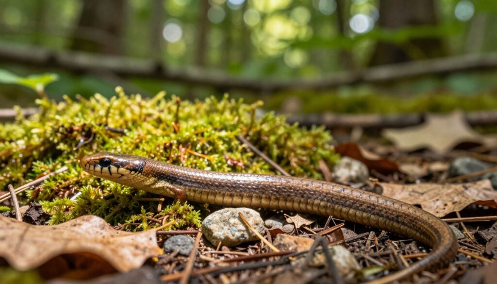 A vibrant, close-up image of a common European slow-worm (Anguis fragilis), also known as "jaszczurka zwinka," gracefully positioned on a sunlit forest floor in Poland. The foreground features the sleek, elongated body of the lizard, showcasing its smooth, glossy skin with subtle hues of brown and gold. In the middle ground, richly textured moss, scattered leaves, and small stones create a natural habitat. The background is softly blurred, depicting a lush green woodland with dappled sunlight filtering through the canopy, creating a serene atmosphere. Capture the image using warm lighting and a shallow depth of field to enhance the focus on the lizard. The overall mood should evoke a sense of calm and connection to nature, emphasizing the slow-worm's natural environment. A vibrant, close-up image of a common European slow-worm (Anguis fragilis), also known as "jaszczurka zwinka," gracefully positioned on a sunlit forest floor in Poland. The foreground features the sleek, elongated body of the lizard, showcasing its smooth, glossy skin with subtle hues of brown and gold. In the middle ground, richly textured moss, scattered leaves, and small stones create a natural habitat. The background is softly blurred, depicting a lush green woodland with dappled sunlight filtering through the canopy, creating a serene atmosphere. Capture the image using warm lighting and a shallow depth of field to enhance the focus on the lizard. The overall mood should evoke a sense of calm and connection to nature, emphasizing the slow-worm's natural environment.