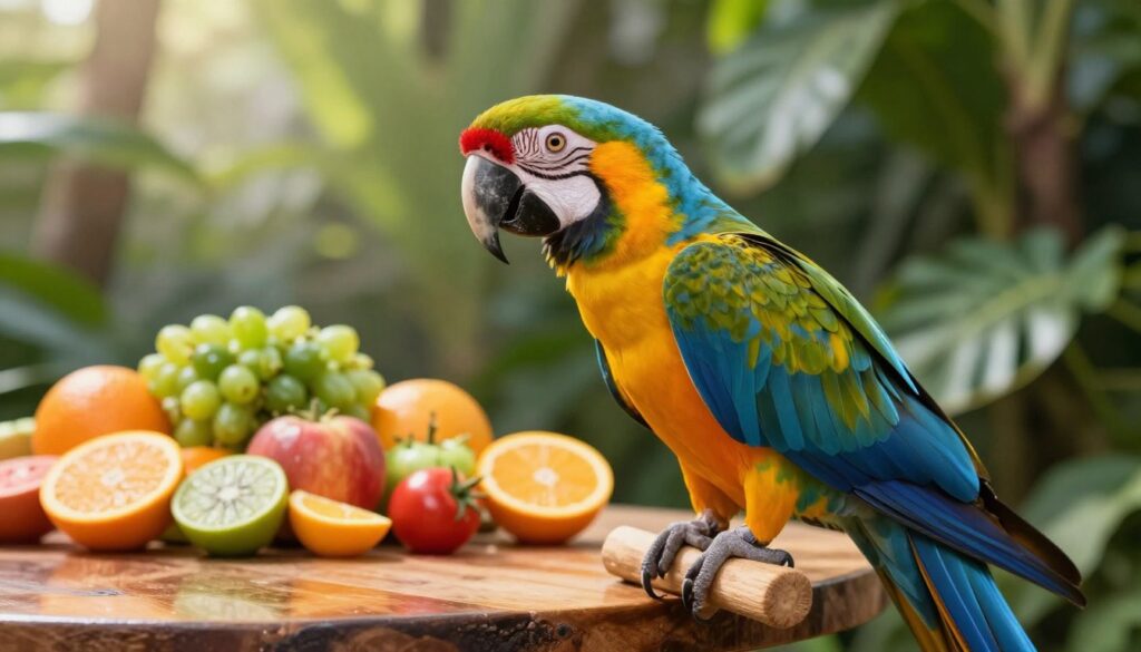 A vibrant close-up of a colorful macaw sitting on a wooden perch amidst a lush green backdrop. The foreground showcases the intricate details of the macaw's feathers, showcasing a blend of blues, yellows, and reds that catch the light. The middle ground features a variety of fresh fruits and vegetables spread out on a natural wooden table, emphasizing a healthy diet, with bright oranges, greens, and reds reflecting a well-balanced meal. In the background, soft, diffused sunlight filters through tropical leaves, creating a warm and inviting atmosphere. The mood is lively and energetic, highlighting the importance of proper nutrition in promoting the macaw's health and longevity. Use a slightly angled view to create depth, with a focal length that emphasizes the textures of both the bird and the food.