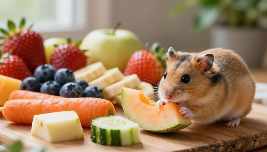 A vibrant, detailed scene of a variety of fresh fruits suitable for hamsters, including small pieces of apple, carrot, and cucumber artfully arranged on a natural wooden surface. In the foreground, a curious, fluffy hamster is sniffing and nibbling on a slice of melon, its little paws delicately grasping the fruit. The middle layer features a soft focus display of an assortment of colorful fruits like blueberries, strawberries, and chunks of banana, all looking fresh and appealing. The background softly blurs into a cozy setting with hints of green plants and natural light filtering through, creating a warm and inviting atmosphere. The lighting is soft and natural, enhancing the freshness of the fruits while casting gentle shadows. The image conveys a mood of health and happiness, perfect for illustrating the balance of fruits in a hamster's diet.