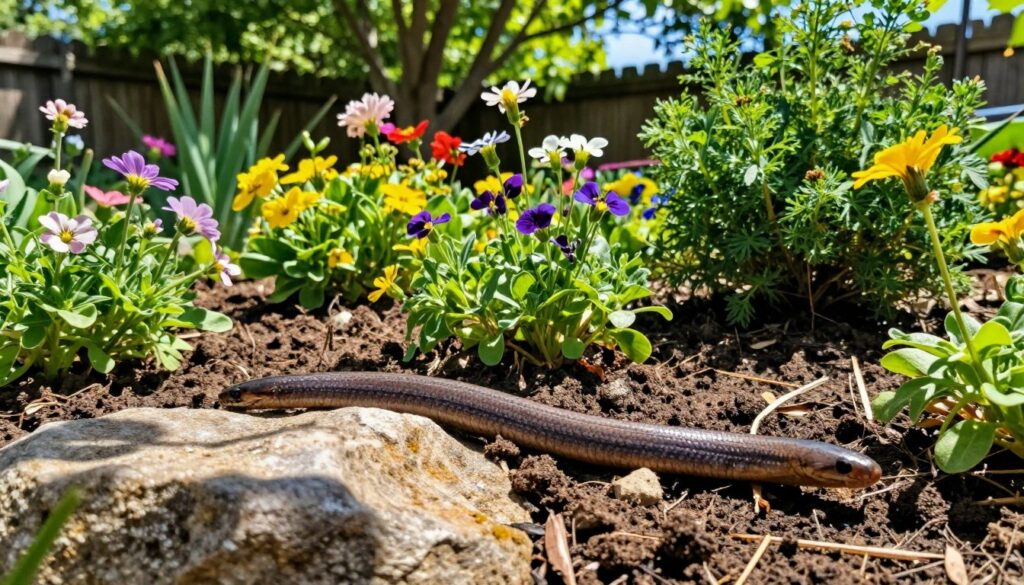 A vibrant garden scene depicting a slowworm (padalec) basking on warm soil amongst colorful flowers and lush greenery. In the foreground, the smooth, elongated body of the slowworm can be seen coiled around a rock, its shiny skin glistening in the sunlight. The middle ground features a variety of plants, including wildflowers and shrubs, providing natural hiding spots and a rich habitat. In the background, a wooden fence and leafy trees create a serene atmosphere. The sunlight filters through the leaves, casting soft dappled shadows on the ground. The composition should evoke a peaceful, thriving garden, showcasing the ideal conditions for a slowworm to thrive, with a focus on natural beauty and ecological balance. The image is bright and inviting, capturing the essence of a garden habitat.
