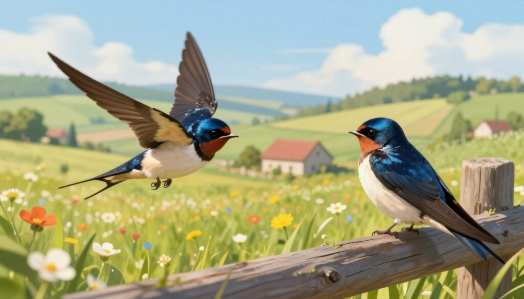 A vibrant illustration of two types of swallows: the Barn Swallow (dymówka) and the Window Swallow (oknówka), set in a picturesque rural landscape. In the foreground, the Barn Swallow gracefully swoops over a blooming field of wildflowers, showcasing its distinctive forked tail and glossy blue feathers. The Window Swallow perches on a rustic wooden fence, its plump body and white underbelly contrasted against the bright sky. The middle of the scene features soft rolling hills and a quaint farmhouse, suggesting their natural habitat. Bright, warm sunlight filters through the scene, creating a serene atmosphere. The image should evoke a sense of harmony in nature, emphasizing the adaptability and different survival strategies of these two swallow species.