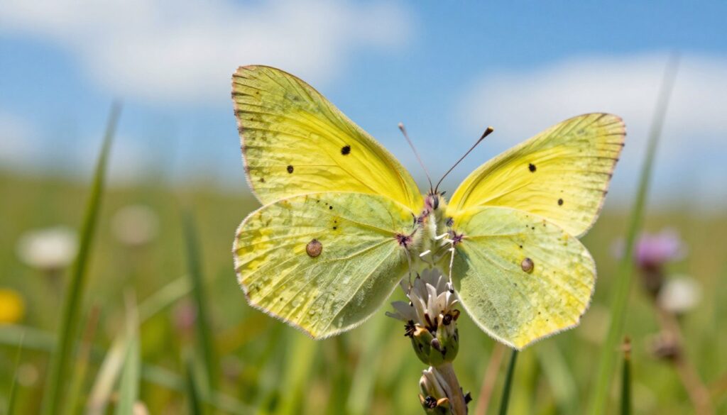A vibrant image of a Lemon Butterfly (Gonepteryx rhamni) resting delicately on a sunlit meadow, emphasizing its bright yellow wings with intricate black spots. The foreground captures the butterfly in sharp detail, showcasing its delicate textures and vibrant colors. In the middle ground, visible soft green grass and blooming wildflowers contribute to a lively yet serene atmosphere. The background features a soft-focus of a clear blue sky with hints of white clouds, creating a sense of warmth and tranquility. The lighting is natural and bright, simulating a warm afternoon glow that enhances the colors and contrasts. The overall mood is peaceful and enlightening, symbolizing the resilience and beauty of nature, reflecting on the life span of these remarkable insects.