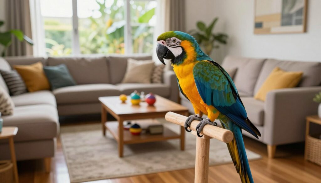 A vibrant, loud macaw perched on a wooden stand in a cozy living room setting. In the foreground, the macaw's colorful feathers glisten in soft, natural light, showcasing hues of blue, yellow, and green. The middle space reveals a comfortable couch adorned with cushions, a coffee table with a few scattered toys, and a large window in the background allowing sunlight to flood in, hinting at the outdoors with leafy plants visible. The atmosphere is lively yet cozy, capturing the essence of daily life with a loud parrot. The scene is heartwarming, emphasizing the joy and challenges of living with a chirpy companion. Use a wide-angle lens effect to create depth and highlight the vibrancy of the room.