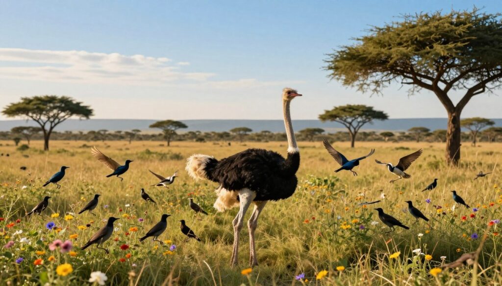 A vibrant savanna scene showcasing a diverse environment where ostriches coexist with native birds. In the foreground, a majestic ostrich stands tall, surrounded by lush grasses and colorful wildflowers. Various birds, such as starlings and hornbills, flutter nearby, creating dynamic interactions. The middle ground features acacia trees dotting the landscape, under a brilliantly lit sky during the golden hour, casting warm, soft light across the scene. In the background, distant hills fade into a clear blue sky, enhancing the sense of space and natural habitat. This image captures the essence of wildlife interaction and habitat, portraying a peaceful yet lively atmosphere that reflects the impact of environment on the life expectancy of the ostrich. The image should be rich in detail, showcasing textures and colors that evoke a sense of harmony in nature.