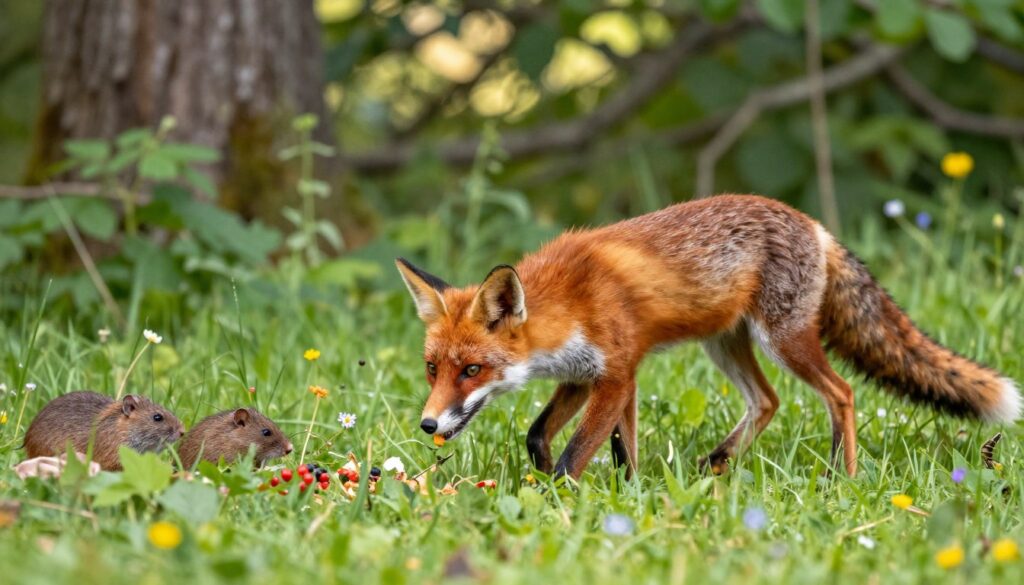 A vibrant scene illustrating a red fox in its natural habitat, focused on foraging for food. In the foreground, the fox is caught mid-motion, its bright orange fur contrasted against lush green grass and wildflowers. The middle ground features a diverse range of food sources, such as small rodents, berries, and insects, highlighting the fox's opportunistic feeding habits. In the background, a soft-focus woodland area with dappled sunlight filtering through the leaves creates a serene atmosphere. The overall mood is lively yet peaceful, showcasing the fox's vitality in its quest for sustenance, captured from a slightly low angle to emphasize its agility and grace. Aim for natural lighting that accentuates the colors and textures of the scene, evoking a sense of wonder in nature.