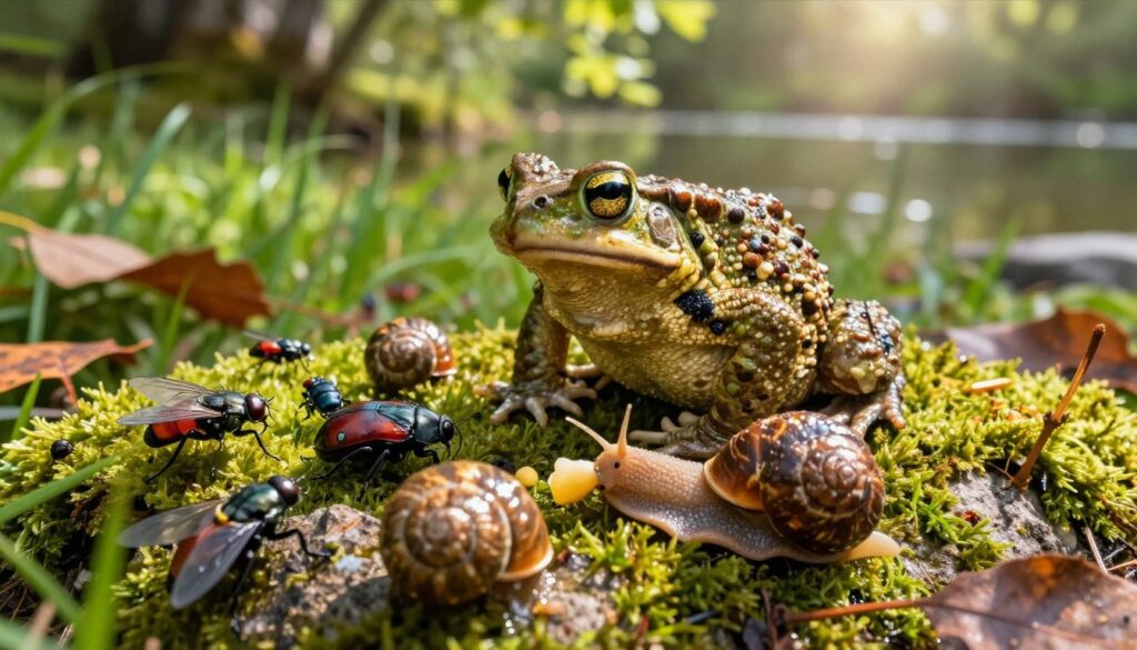 A vibrant scene showcasing a variety of foods that a toad would eat, centered on a large, realistic toad perched on a mossy rock. In the foreground, display an assortment of colorful insects, including flies and beetles, alongside succulent snails with glistening shells, shimmering under dappled sunlight. The middle ground features lush grass and scattered fallen leaves, providing a natural habitat. In the background, hint at a serene pond surrounded by soft foliage and gentle shadows, creating a peaceful atmosphere. The lighting is warm and inviting, with beams of sunlight filtering through the trees, enhancing the rich colors of the scene. The angle should capture a close-up view, focusing on the toad and its potential meal, evoking a sense of life and natural beauty. A vibrant scene showcasing a variety of foods that a toad would eat, centered on a large, realistic toad perched on a mossy rock. In the foreground, display an assortment of colorful insects, including flies and beetles, alongside succulent snails with glistening shells, shimmering under dappled sunlight. The middle ground features lush grass and scattered fallen leaves, providing a natural habitat. In the background, hint at a serene pond surrounded by soft foliage and gentle shadows, creating a peaceful atmosphere. The lighting is warm and inviting, with beams of sunlight filtering through the trees, enhancing the rich colors of the scene. The angle should capture a close-up view, focusing on the toad and its potential meal, evoking a sense of life and natural beauty.