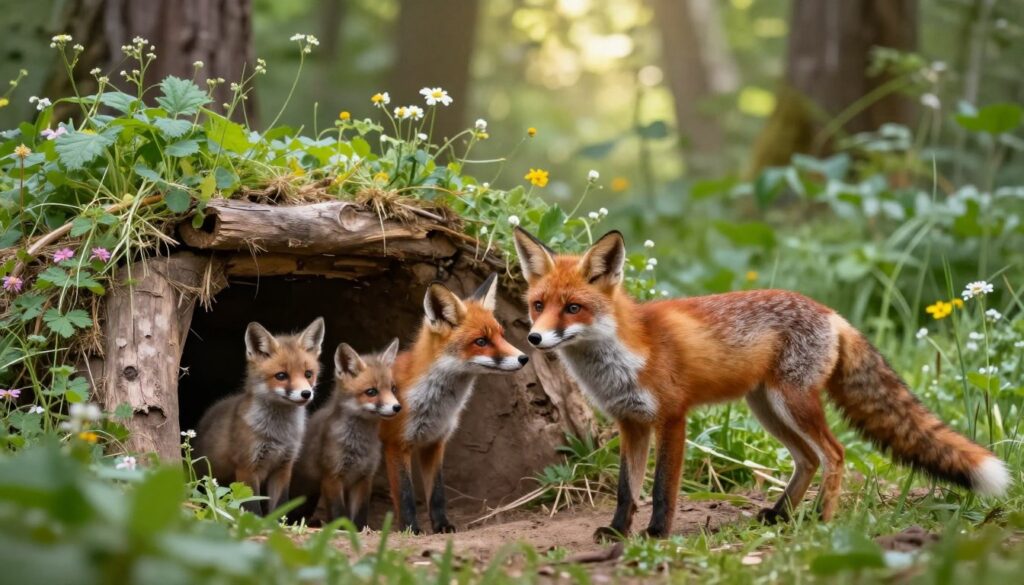 A vibrant, serene woodland scene depicting a family of red foxes during their mating season. In the foreground, a pair of adult foxes engage in courtship behavior, showcasing their expressive faces and sleek fur. The middle ground features a den with playful kits peeking out, their bright eyes full of curiosity and energy. Lush green foliage and wildflowers surround the den, indicating a vibrant ecosystem. In the background, soft sunlight filters through the trees, casting gentle rays that enhance the tranquil atmosphere. The composition is shot at a slight angle to capture both the intimate moment and the surrounding environment, evoking a sense of warmth and natural beauty. The overall mood is peaceful and nurturing, reflecting the cycle of life in the wild.
