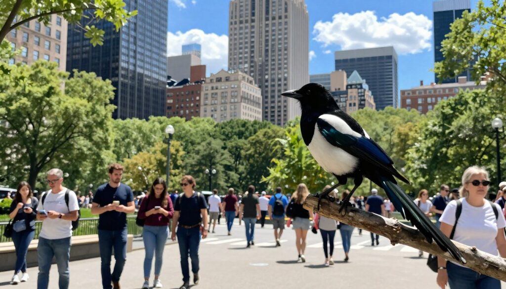 A vibrant urban scene of a city with tall buildings and green parks, bustling with life, while a single magpie perches on a nearby tree branch, observing its surroundings. In the foreground, the magpie displays its striking black and white plumage, with glistening feathers catching the sunlight. In the middle ground, groups of people walk along a busy street, some interacting with each other, others absorbed in their activities, showcasing the contrast of urban life. The background features a clear blue sky, with hints of fluffy clouds and distant skyscrapers. The lighting is bright and cheerful, reflecting a sunny day, instilling a sense of vitality and movement, highlighting the dynamic relationship between the magpie and its urban environment.
