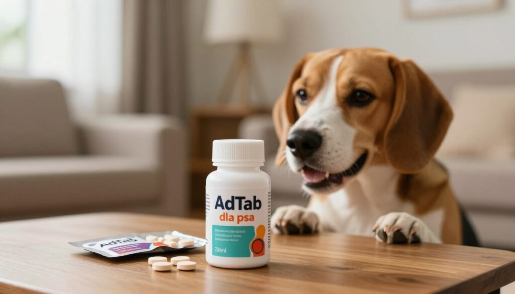 A visually engaging image showcasing a bottle of "AdTab dla psa" in the foreground, elegantly placed on a wooden table. The bottle should be detailed, clearly displaying its label with vibrant colors. Beside it, an open package containing tablets should be partially visible, hinting at the product's dosage and ease of administration. In the middle ground, a healthy, playful dog of a medium-sized breed, such as a Beagle or Labrador, is shown interacting with the bottle, creating a sense of curiosity and engagement. The background features a warm, softly lit living room with a cozy ambiance, emphasizing the pet-friendly atmosphere. Natural light pours in from a nearby window, enhancing the overall inviting mood.