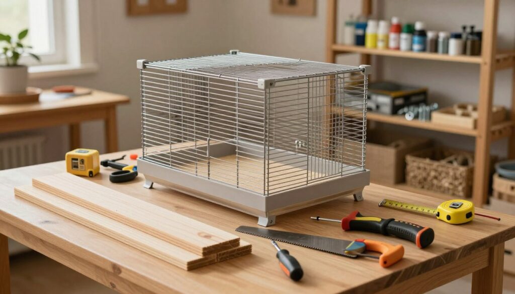A visually engaging workspace showcasing materials and tools for building a hamster cage. In the foreground, display wood planks, mesh wire, corner brackets, a base, and various DIY tools like a saw, screwdriver, and measuring tape. The middle layer features an unfinished hamster cage structure partially assembled, demonstrating dimensions and ventilation features. In the background, a well-organized DIY workshop is visible, with shelves holding additional supplies such as paint, screws, and hamster bedding. Soft, warm lighting illuminates the scene, highlighting textures and details, creating a cozy and inviting atmosphere. The angle is slightly elevated to capture the workspace's essence, focusing on the array of materials and tools arranged thoughtfully for a DIY project.