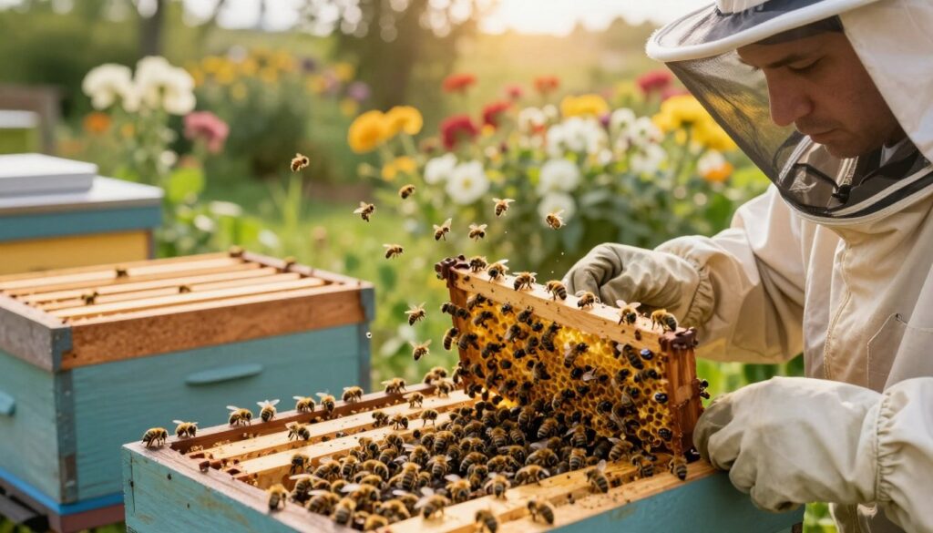 A vivid depiction of the process of expelling drones from a beehive. In the foreground, a close-up of a busy beekeeper wearing a protective suit and veil, carefully inspecting the hive frames, showcasing the moment when drones are identified and removed. In the middle ground, a large hive with bees in action, some gathering nectar and others actively pushing drones out. In the background, a lush garden with blooming flowers, bathed in warm afternoon sunlight, creating a serene atmosphere. The lighting is soft and natural, emphasizing the vibrant colors of the bees and flowers. Capture the dynamic movement of the bees and the focused expression of the beekeeper, conveying a sense of natural harmony during this critical process in beekeeping.