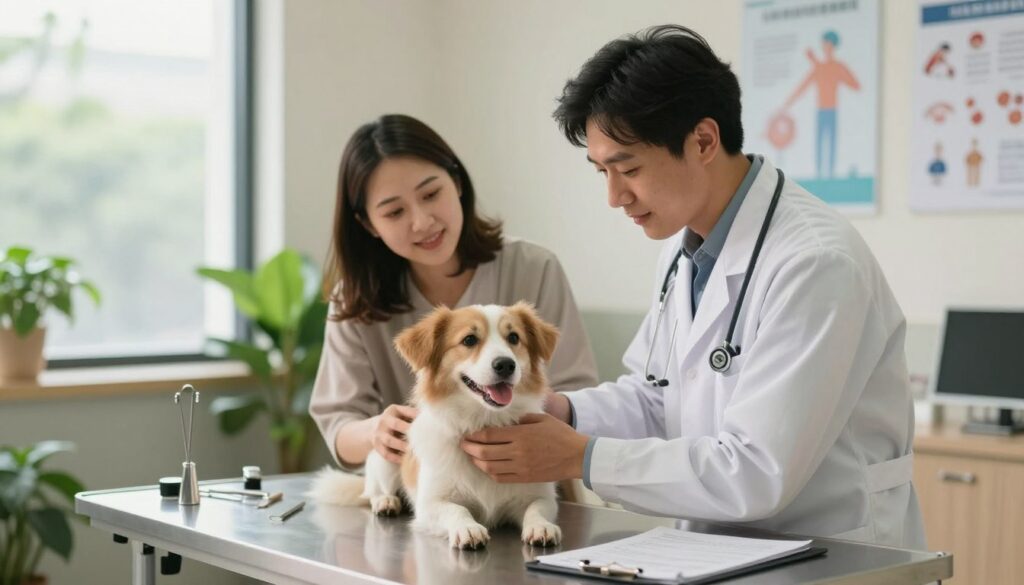A warm and inviting veterinary clinic interior, showcasing a veterinarian in a white coat, gently examining a friendly dog on the examination table. The foreground features the vet attentively checking the dog's health with various veterinary tools nearby. In the middle, there is a pet owner, smiling and observing with concern and care. The background reveals calming green plants and veterinary posters on the walls, emphasizing a professional yet welcoming atmosphere. Soft, diffused natural light filters through large windows, creating a serene environment. The angle captures the interaction between the vet and the dog, highlighting trust and companionship, which reflects the importance of regular veterinary visits in prolonging a pet's life.