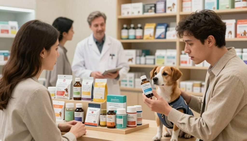 A well-lit veterinary clinic setting with a focus on a dog owner examining various calming products for their pet. In the foreground, a concerned pet owner, dressed in smart-casual attire, holds a bottle of herbal supplement, closely inspecting its label. Beside them, a cute, medium-sized dog sits attentively, conveying curiosity. In the middle, a display of dog calming products, such as herbal remedies and anxiety jackets, attracts attention. The background shows a friendly veterinarian engaged in conversation with another client near a shelf stocked with pet wellness items, enhancing the atmosphere of trust and care. Soft, warm lighting creates a reassuring mood, suggesting a safe space for pet owners seeking solutions for their dog's anxiety.
