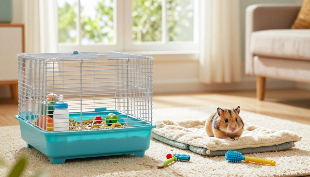 A well-maintained hamster cage in a cozy living room setting, showcasing vibrant colors and details. In the foreground, a clean and organized cage filled with fresh bedding, colorful chew toys, and a small water bottle. A happy, healthy degu (mouse-like rodent) appears, exploring its habitat curiously. In the middle, a soft plush blanket is spread on the ground, surrounded by small cleaning tools, emphasizing hygiene. The background features a warm, sunlit window with gentle greenery outside, creating a serene atmosphere. Use soft, natural lighting to illuminate the scene, capturing the vibrancy of the cage and the contentment of the degu, reflecting a stress-free, clean environment essential for the well-being of small pets.