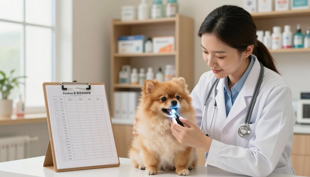 A well-organized veterinary health plan scene featuring a cozy veterinary clinic. In the foreground, a caring veterinarian, dressed in a professional white coat, meticulously examines a small Pomeranian dog, highlighting its dental health with a bright dental inspection light. In the middle, a detailed chart with a checklist for preventive health measures, including dental and joint care, is displayed on a clipboard next to the dog. The background includes shelves lined with pet health care products, soft lighting creating a warm and inviting atmosphere. A window allows natural light to filter through, adding to the tranquil mood of responsible pet care. The image should evoke a sense of professionalism and compassion toward animal welfare.