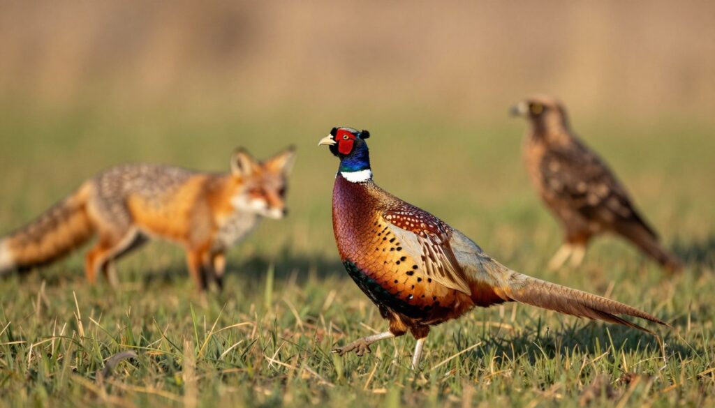 A wild pheasant in a natural setting, showcasing the beauty and vulnerability of the species. In the foreground, depict a colorful male pheasant with its striking plumage, alert and on the lookout for danger. In the middle ground, include elements representing common threats, such as a lurking fox or a predatory bird, subtly blending into the environment to highlight the risks they pose. The background features a tranquil landscape of grasslands and sparse vegetation, enhancing the atmosphere of natural beauty and peril. The lighting is soft and warm, capturing the golden hour, with gentle shadows creating depth. Aim for a realistic, detailed depiction that evokes a sense of the pheasant's graceful yet precarious existence in the wild.