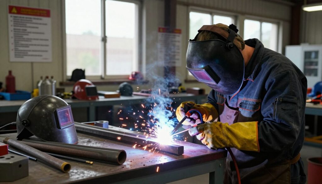 An industrial welding workshop filled with various materials and tools used in the profession. In the foreground, a welder in protective gear, wearing a helmet and gloves, is focused on a MIG welding project, emitting bright sparks as the metal fuses together. The middle ground showcases a workbench cluttered with welding rods, helmets, and other tools, while on the walls, posters of safety protocols are visible. In the background, large windows allow natural light to filter in, creating a contrast with the warm glow of the welding process. The atmosphere is intense yet professional, emphasizing the importance of safety and health in the welding profession. The composition highlights both the artistry and technicality of welding, showcasing its impact on the welder's health.