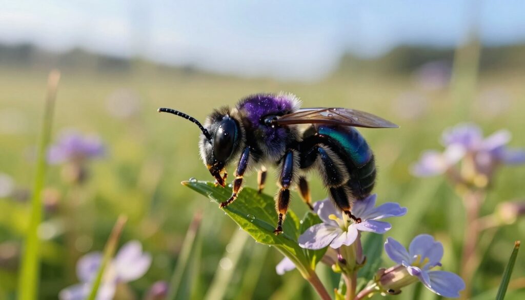 An intricate close-up of a Zadrzechnia fioletowa (Xylocopa violacea), showcasing its dense, iridescent purple-black body and vivid blue-green sheen. The bee is perched on a bright green leaf, surrounded by delicate wildflowers typical of Polish meadows. In the foreground, capture the intricate details of its fuzzy face and prominent antennae, with droplets of dew glistening in the soft morning light. The middle ground features additional foliage, blurring slightly to create depth, while the background reveals a dreamy out-of-focus landscape of vibrant grass and more blossoming flowers under a clear, sunny sky. The overall mood is tranquil and enchanting, evoking the beauty of nature and the importance of biodiversity.