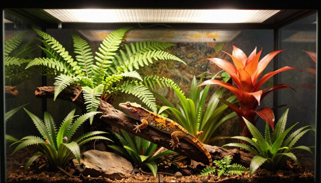 An intricately designed terrarium housing a crested gecko, featuring a variety of lush, tropical plants such as ferns and bromeliads. The foreground includes the gecko perched on a branch, its vibrant scales contrasting beautifully with the greenery. The middle ground highlights a carefully arranged heating lamp overhead, casting a warm glow, illuminating the terrarium’s interior without causing harsh shadows. The background features a softly lit, naturalistic setting, suggesting a tropical habitat. The atmosphere is tranquil yet vibrant, conveying the importance of proper lighting and heating for the gecko's health. The scene should be brightly lit, emphasizing details in the gecko’s texture and the foliage while maintaining a serene, inviting ambiance.