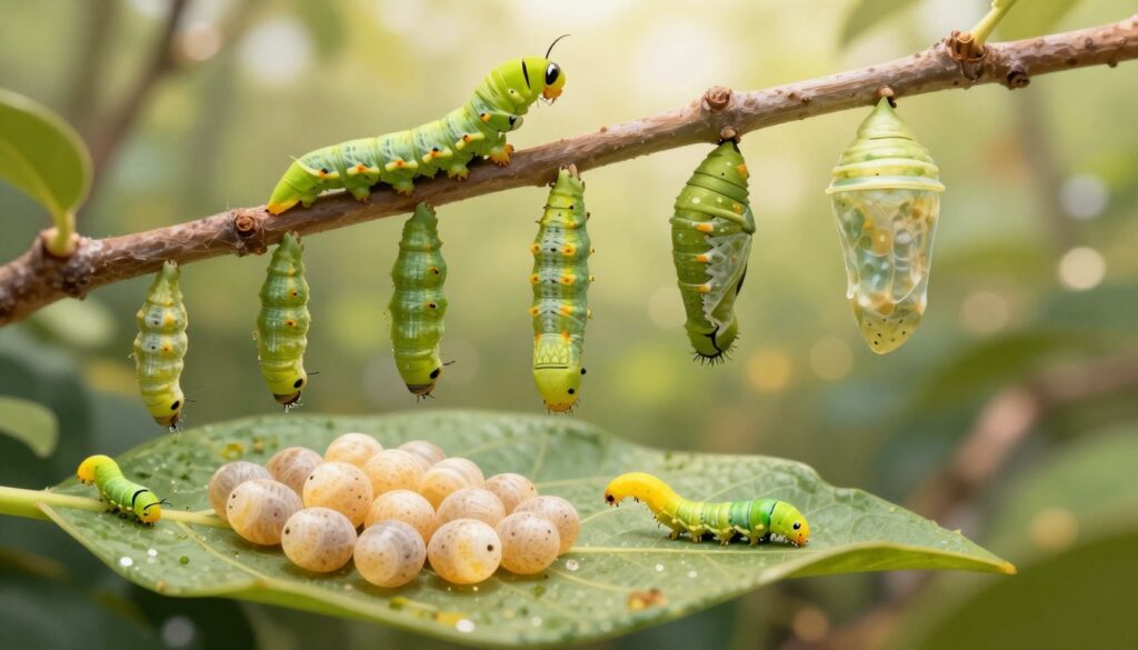 Illustrate the life cycle of a moth, showcasing its progression from eggs to larva, then to pupa, and finally the adult moth. In the foreground, depict realistic, detailed moth eggs nestled on a leaf surface, surrounded by tiny, emerging larvae with vibrant colors, possibly green or yellow. In the middle ground, show several larvae feeding on surrounding vegetation, showcasing their distinct textures and patterns. Include a pupa hanging from a branch, with a soft, translucent appearance. In the background, create a blurred, natural environment with hints of foliage and light filtering through, giving a warm, inviting atmosphere. Use soft, natural lighting to enhance the details and create a sense of life and growth, capturing the essence of transformation in nature.
