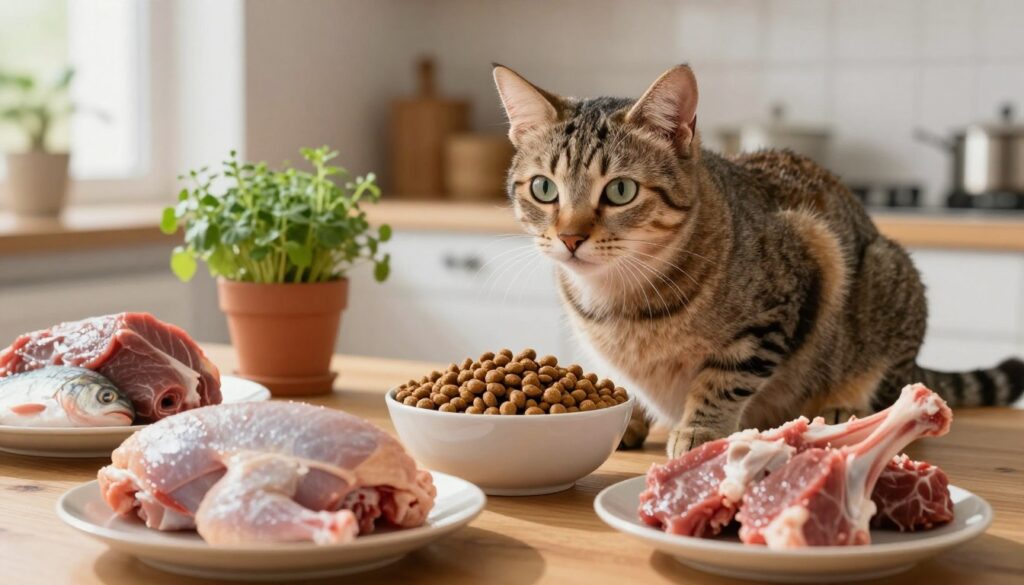 A European cat, also known as a domestic cat, sits elegantly on a wooden table surrounded by bowls of various natural foods, emphasizing a carnivorous diet. The foreground features a close-up of fresh raw meats like chicken, fish, and lamb, artfully arranged. In the middle ground, the cat, with its sleek fur and bright, alert eyes, curiously inspects a bowl of high-quality kibble. The background shows a softly lit kitchen with potted cat-safe herbs and a hint of sunlight streaming through a window, casting gentle shadows. The atmosphere feels warm and inviting, highlighting the importance of proper nutrition for a healthy life. The perspective is slightly elevated, capturing the scene in a cozy and wholesome manner, ensuring it feels both informative and engaging.