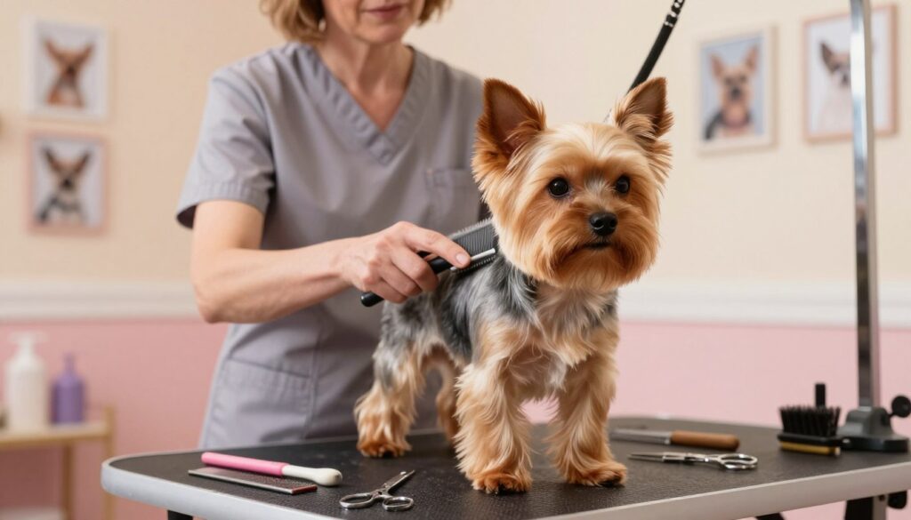 A Yorkshire Terrier standing on a grooming table, captured from a close-up angle to highlight its long, silky fur being brushed gently by a groomer. The groomer is a middle-aged woman wearing a modest, professional outfit, focused on creating a clean and polished appearance for the dog. Surrounding them are various grooming tools like brushes, combs, and small scissors, organized neatly. Soft, diffused lighting casts a warm glow, emphasizing the textures of the fur and tools, while a calming, tidy grooming salon serves as the background, complete with pastel-colored walls and framed pet care photos. The overall atmosphere is serene and inviting, showcasing the importance of pet grooming and hygiene.