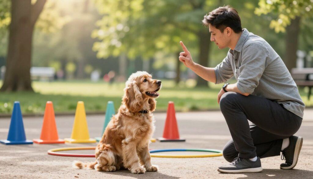 A beautifully trained English Cocker Spaniel sits attentively in a bright, sunlit training area. In the foreground, the dog, with its golden, wavy coat, focuses on a professional dog trainer who is in a smart, casual outfit, demonstrating a command using hand signals. The trainer exudes patience and encouragement. In the middle ground, a set of colorful training obstacles, such as cones and hoops, adds depth, suggesting an engaging training session. In the background, a lush green park scene with trees and gentle sunlight filtering through leaves creates a serene atmosphere. The overall mood is uplifting, showcasing the bond between the trainer and the dog, highlighting positive reinforcement techniques. The lighting is soft and natural, enhancing the warmth of the scene.