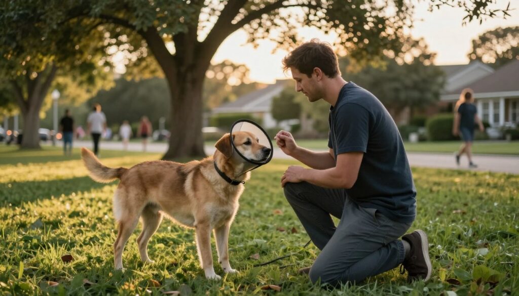 A calm suburban park scene during the late afternoon, featuring a dog trainer interacting with a medium-sized dog. In the foreground, the trainer kneels, demonstrating a positive reinforcement method without the use of a bark collar. The dog looks attentive and relaxed, with a gentle expression, standing on a green grass patch. In the middle ground, there are trees with sun-dappled leaves providing a serene ambiance. A soft golden light filters through the branches, creating an inviting atmosphere. The background shows a path where people stroll casually, avoiding any disturbances. The composition focuses on the bond between trainer and dog, emphasizing patience in training rather than aversive tools. Capture this moment with a soft-focus lens to enhance warmth and approachability in the scene.