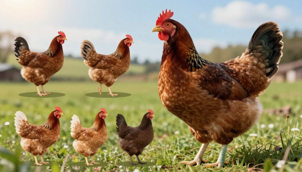 A captivating comparison image showcasing the vitality of the Green-legged Partridge hen against various poultry breeds. In the foreground, feature a healthy Green-legged Partridge hen with its distinctive greenish legs, feathers glossy in vibrant shades of brown and black, standing proudly. In the middle, position illustrations or silhouettes of other poultry breeds such as broilers, layer hens, and heritage breeds, each in different poses that reflect their characteristics. The background should contain an open farm landscape, sunny skies, and lush green pastures, evoking a tranquil and healthy environment. Use soft, natural lighting to create an inviting atmosphere, and employ a slight depth of field to emphasize the hen in the foreground. The composition should convey an informative yet visual contrast to highlight the longevity aspect in poultry.