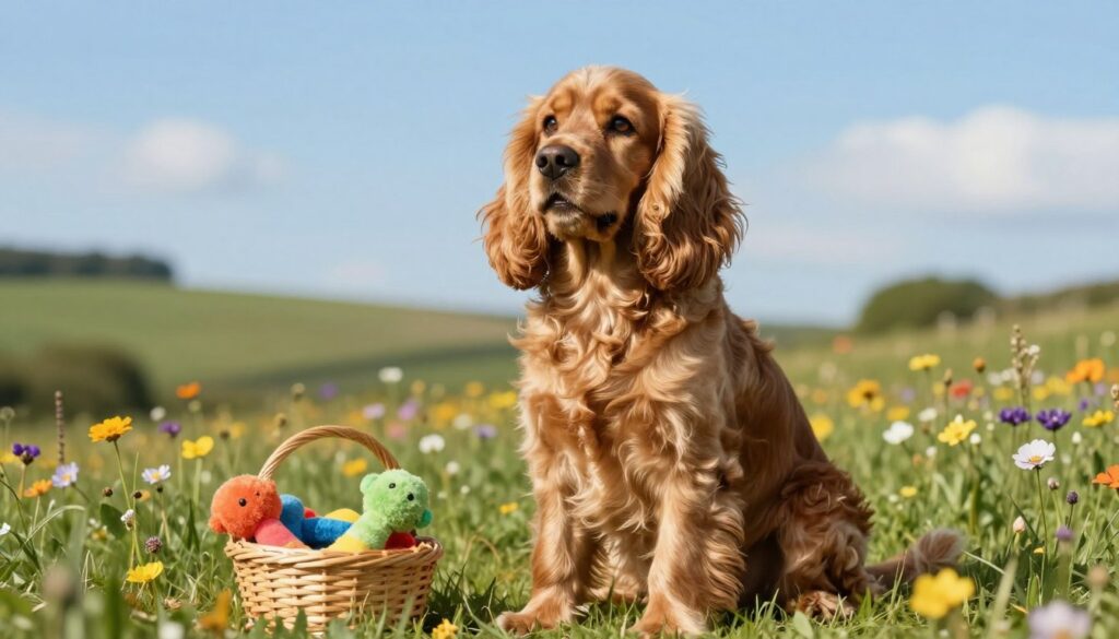A charming English Cocker Spaniel sitting elegantly on a grassy hill, surrounded by colorful wildflowers under a bright blue sky. The dog's glossy coat shines in the warm sunlight, showcasing its rich golden-brown color. In the foreground, a small basket filled with dog toys symbolizes playfulness. In the middle ground, a few breed-specific characteristics are illustrated: floppy ears, a friendly expression, and expressive eyes looking thoughtfully. The background features a serene countryside landscape with gently rolling hills, enhancing a peaceful atmosphere. Soft, natural lighting accentuates the dog's features and the beauty of the surroundings, creating a warm and inviting mood, evoking curiosity about the breed’s unique qualities and health characteristics.