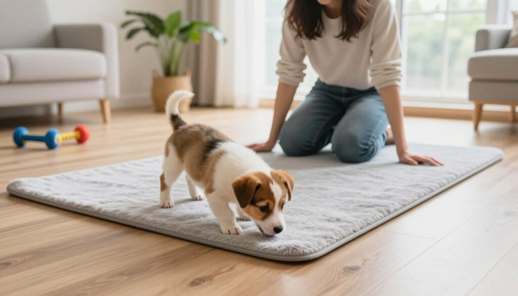 A clean and modern indoor environment featuring a soft, plush training mat for dogs, placed on hardwood floor. In the foreground, a small puppy is curiously sniffing the mat, with its ears perked and a playful expression. In the middle ground, a dog owner can be seen, kneeling beside the mat, encouraging the puppy with a positive demeanor, dressed in comfortable casual clothing. The background includes a bright, airy living room with natural light streaming through a large window, showcasing a couple of potted plants and dog toys scattered nearby. The overall mood is warm and inviting, emphasizing positivity and training in a nurturing atmosphere. The image should have soft lighting to enhance the feeling of a safe space for learning.