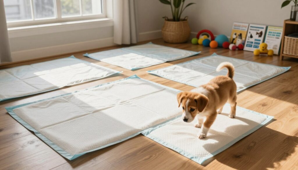 A clean, spacious room featuring large, soft, absorbent hygiene mats designed for pet training. In the foreground, a friendly puppy curiously approaches one of the mats, its fur reflecting warm, natural light streaming through a nearby window. The middle ground showcases several mats neatly arranged on a polished wooden floor, indicating a comfortable space for pet training. In the background, a cozy corner filled with pet supplies such as toys and training guides, all subtly lit to enhance the inviting atmosphere. The scene captures a sense of calm and preparedness, emphasizing the importance of these hygiene mats in helping a dog learn to go outside. Warm colors dominate the setting, creating a nurturing environment for both pet and owner.