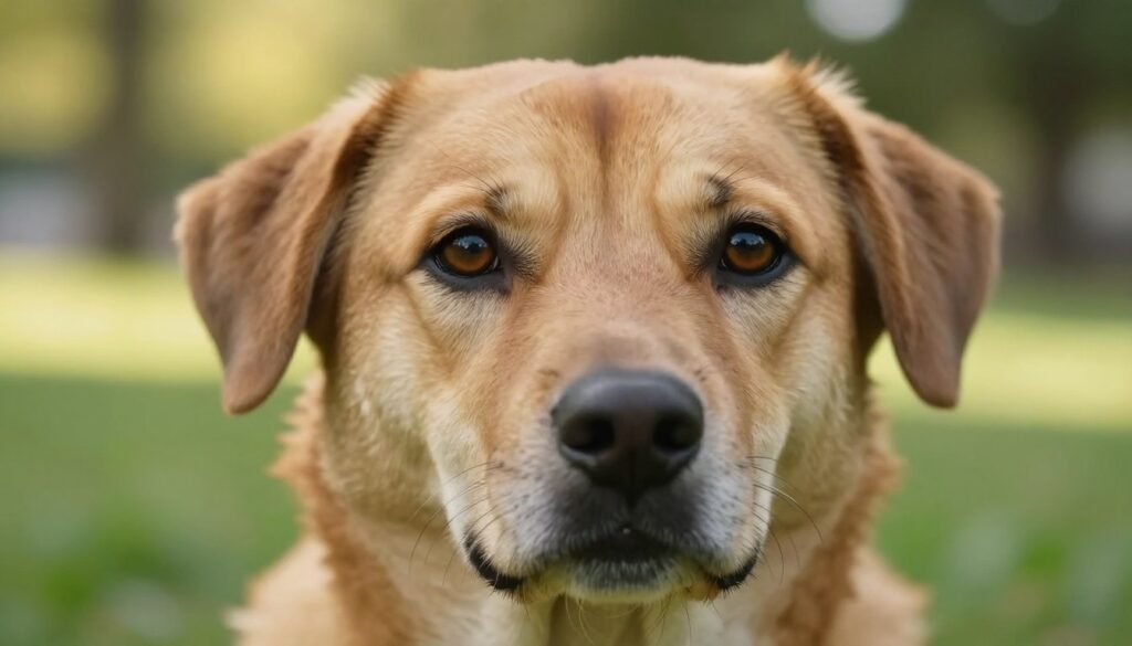 A close-up portrait of a dog’s face, capturing intense eye contact, emphasizing the connection between dog and viewer. The dog's eyes should be expressive, showcasing a mixture of curiosity and affection, with rich, warm tones reflecting its fur. The foreground should feature the dog’s face against a softly blurred background of a natural setting, perhaps a park or backyard filled with greenery and soft sunlight filtering through the leaves. The image should have a soft focus overall, but the dog's eyes should be sharp and clear, inviting the viewer into a moment of silent communication. The atmosphere is warm and inviting, evoking feelings of companionship and trust.