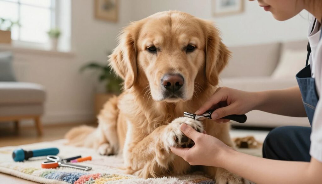 A close-up scene of a calm dog being groomed, focusing on its paws as a gentle hand carefully trims its nails. The dog, a golden retriever with soft fur, looks relaxed and trusting, sitting on a cozy, colorful blanket. In the background, a well-lit, cozy room filled with pet grooming tools and a warm ambiance creates a reassuring atmosphere. Soft, natural light filters in from a window, highlighting the dog's features and the human's caring expression, who is dressed in a casual yet professional outfit. The overall mood is peaceful and nurturing, emphasizing the bond between the dog and the groomer, portraying safety and comfort during the nail trimming process.