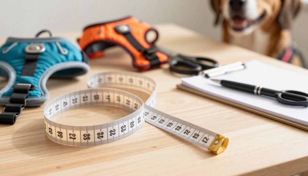 A close-up shot of a measuring tape and various dog harness accessories laid out on a clean, surface, such as a wooden table. The measuring tape is prominently featured, showing its flexible length against the backdrop of colorful harnesses in different sizes. Include a pair of scissors and a notepad with pen nearby, suggesting preparation for measurement. The lighting is bright and natural, creating a warm and inviting atmosphere. Soft shadows fall across the accessories, enhancing their textures. In the background, a blurred image of a friendly dog can be seen, patiently awaiting a fitting. The scene conveys a sense of care and attention to detail, ideal for discussing the essentials of fitting a dog harness comfortably.
