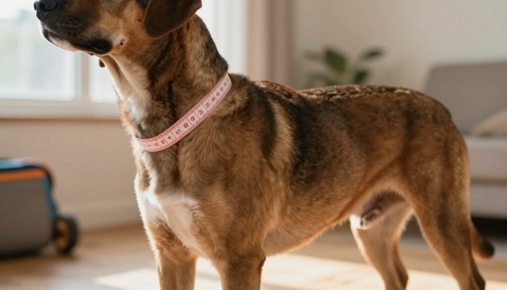 A close-up view of a dog's chest measurement for harness fitting, showcasing a well-groomed dog standing in profile. The dog should be medium-sized, with a defined chest and a smooth coat, highlighting the contours and angles of the body. The foreground features a soft measuring tape gently placed around the chest, clearly emphasizing the measurement point. In the middle ground, there should be a calm indoor environment with warm, natural light filtering through a nearby window, creating a cozy atmosphere. The background is softly blurred, featuring subtle hints of dog accessories and an inviting home space. The overall mood is informative and professional, focused on proper fitting and comfort for pets.