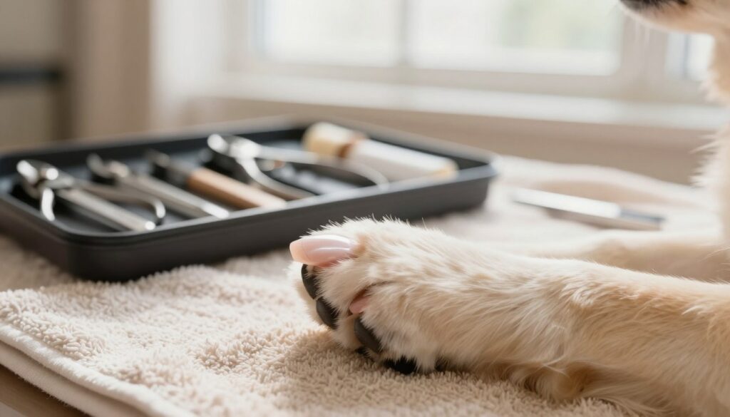 A close-up view of a dog's paw with beautifully manicured nails, set against a soft, blurred background of a cozy grooming space. The dog's paw is centered in the foreground, showcasing the shiny, trimmed nails and the healthy, fluffy fur surrounding it. In the middle ground, include a well-organized tool kit with various nail clippers and files, neatly arranged on a soft towel. Soft, diffused natural lighting from a nearby window casts a warm glow, enhancing the texture of the fur and the sheen of the nails. The atmosphere evokes calmness and care, perfect for a grooming session, emphasizing safety and attention to detail for pet care enthusiasts.