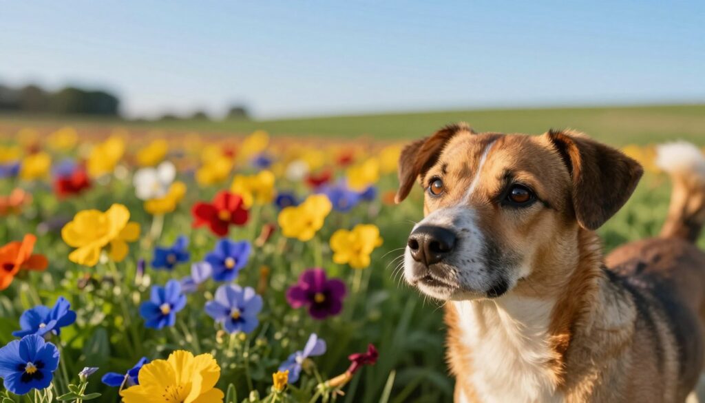 A close-up view of a dog's perspective as it gazes at a vibrant field filled with colorful flowers. The foreground features a medium-sized, playful dog, its expression curious and alert, reflecting the wonder of seeing colors. The middle ground shows a rich tapestry of flowers in various shades, with bright yellows, blues, and reds, symbolizing the colorful world seen by humans, contrasted against the dog's limited color vision. The background includes a softly blurred landscape of green grass and a clear blue sky, illuminated by warm, golden sunlight, enhancing the overall warmth of the scene. Use a shallow depth of field to emphasize the dog's perspective, creating an inviting and enlightening atmosphere that evokes curiosity about canine vision.
