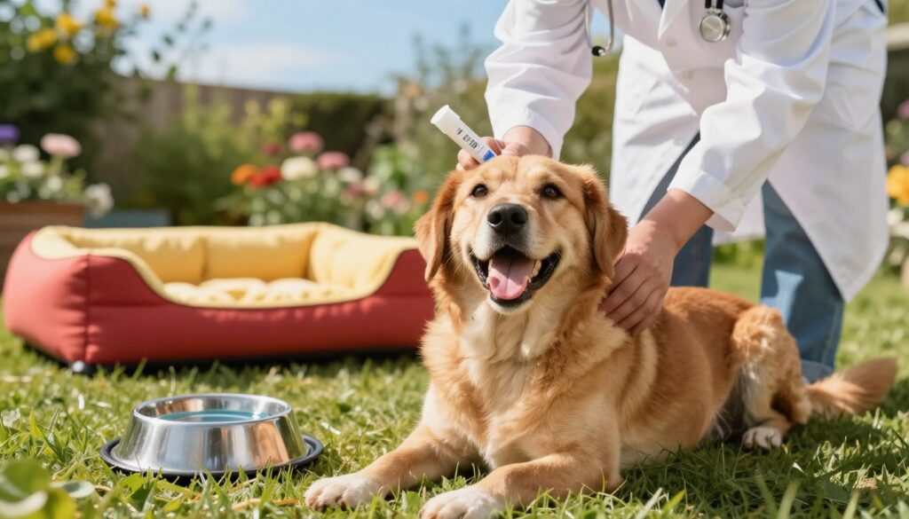 A close-up view of a healthy, happy dog lying in a sunny, grassy yard, demonstrating the theme of long-term flea prevention. The foreground features the dog’s shiny coat and playful expression, while a vet stands nearby, gently examining the dog's fur, wearing a white lab coat and holding a flea preventive treatment, symbolizing care and attention. In the middle ground, a bright, colorful dog bed and a bowl of fresh water are visible, emphasizing a pet-friendly environment. In the background, a lush garden with blooming flowers and a clear blue sky enhances the atmosphere of health and well-being. The lighting is warm and inviting, giving a sense of safety and comfort. The image captures a proactive approach to pet care without any text or logos.