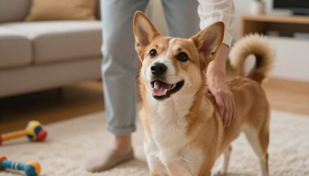 A close-up view of a playful dog interacting with its owner in a cozy living room. The owner, wearing casual yet modest clothing, gently pets the dog's belly, capturing the dog's joyful expression. The dog's ears are perked up, and its tail is wagging, demonstrating a clear positive reaction to touch. Soft, warm lighting fills the room, emphasizing the bond between the dog and owner. In the background, a plush rug and a few dog toys can be seen, creating a homely atmosphere. The overall mood is cheerful and affectionate, highlighting the importance of understanding a dog's response to touch while creating a sense of connection between humans and their pets.