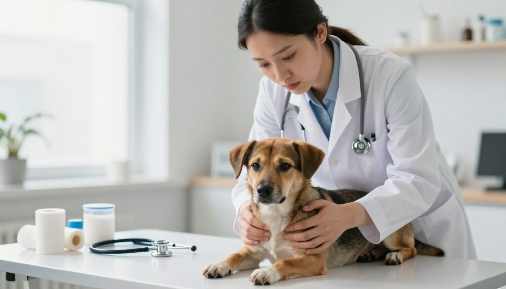 A compassionate veterinarian performing first aid on a distressed dog in a bright, well-lit clinic. The foreground features a concerned veterinarian in a white lab coat, gently holding the dog while examining its abdomen. The dog, a medium-sized mixed breed with a worried expression, lies on a clean examination table. In the background, medical supplies are neatly arranged, including bandages and a stethoscope. Soft, natural lighting creates an atmosphere of urgency and care, highlighting the vet's focused expression. The angle is slightly elevated, capturing both the vet's dedication and the dog's vulnerability, evoking a feeling of hope and professional assistance in a critical moment.